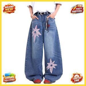 Vintage Barrel Leg Jeans Low Waist Baggy Fit Star Graphic Denim Pants